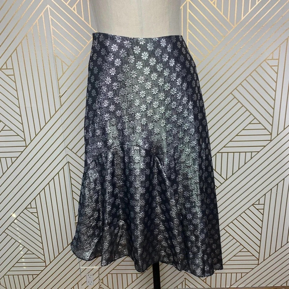 Dodo Bar Or Kathy Lurex Metallic Floral Tiered A-Line Skirt Silver Size US 4/6 - Picture 2 of 12